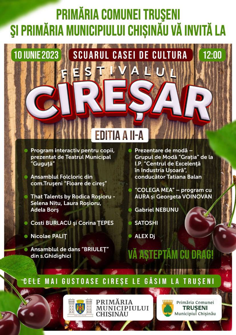Cireşe de toate soiurile – roşii, albe sau negre, dulci sau mare amare, la Festivalul „CIREŞAR” din satul Truşeni