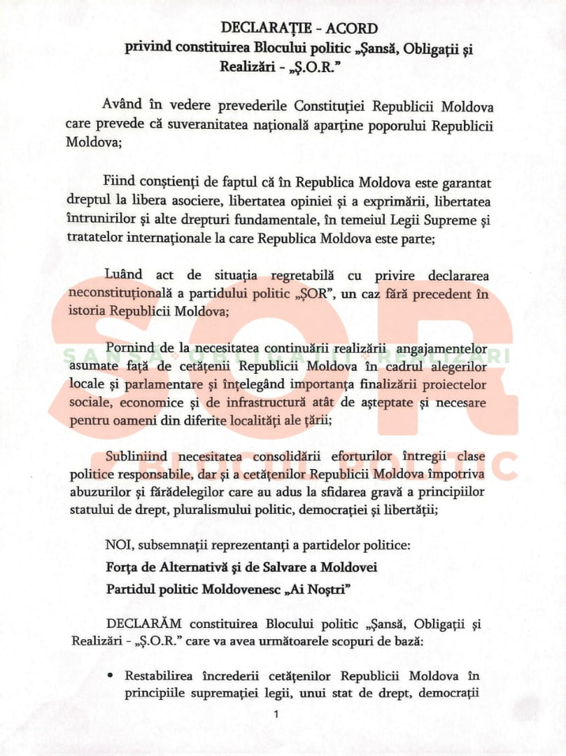 Reprezentanții Blocului politic „Ș.O.R.” au semnat o declarație-acord, care stabilește scopurile de bază ale noii structuri