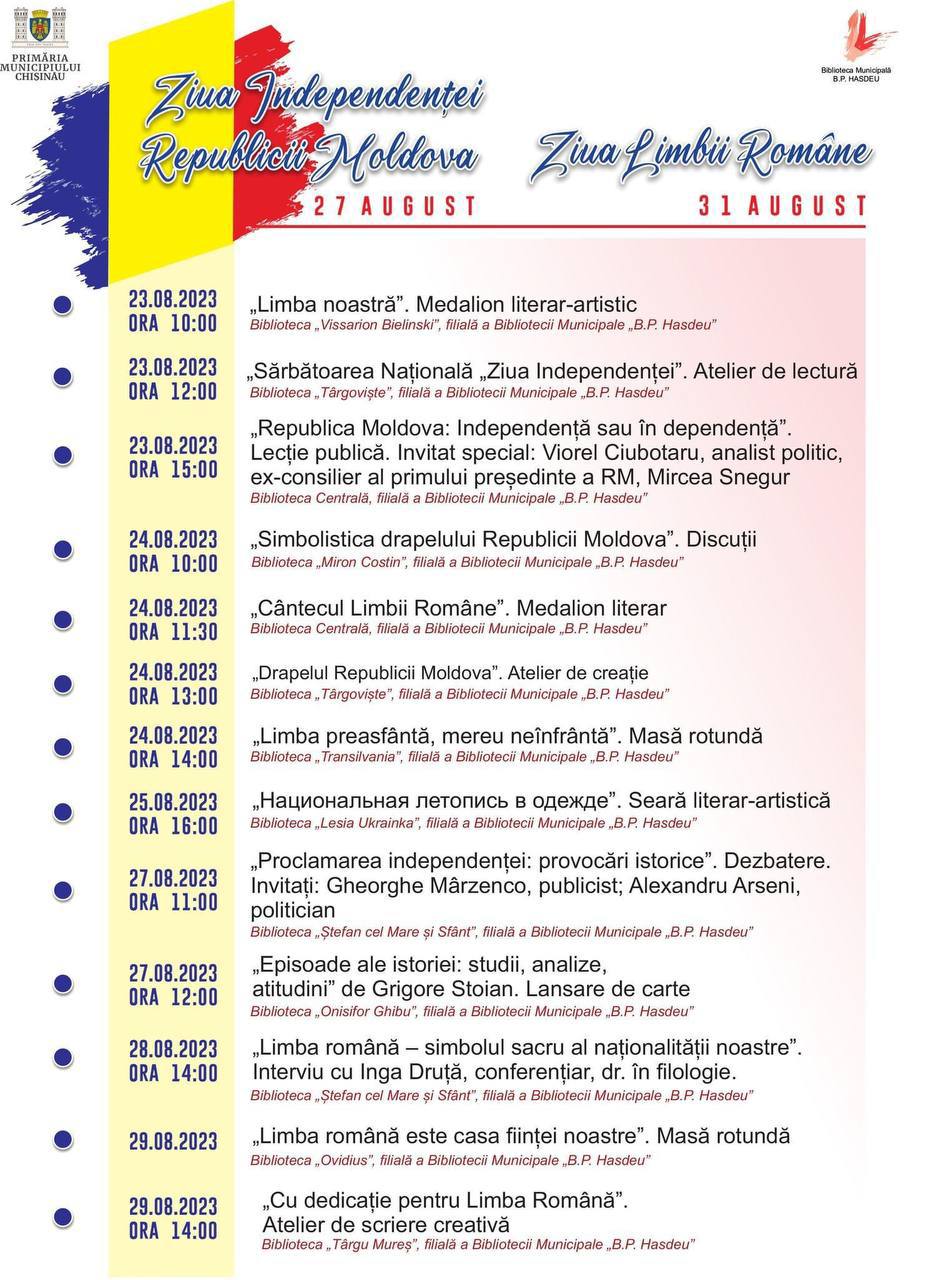 Primăria Chișinău organizează un șir deevenimente în cadrul Bibliotecii Municipale „B.P. Hasdeu”, dedicate Zilei Independenței Republicii Moldova și Zilei Limbii Române