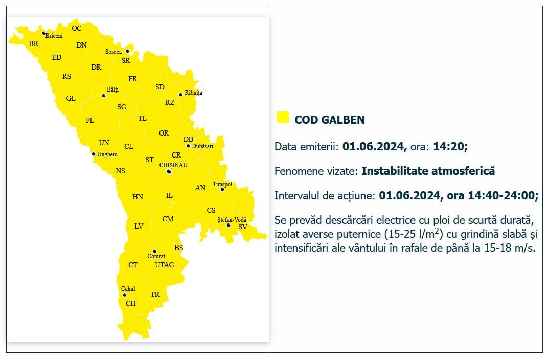 ATENȚIE cetățeni, Cod galben de instabilitate atmosferică. Se prevăd ploi cu descărcări electrice și grindină